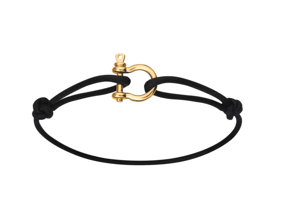 Bracelet cordon noir, manille 2 mm massive, 11 x 13 mm, Or jaune 18k