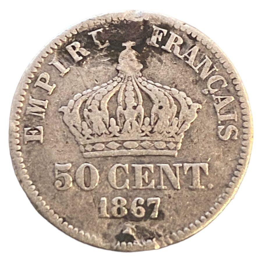 50 centimes Napoléon III, tête laurée 1867 Paris