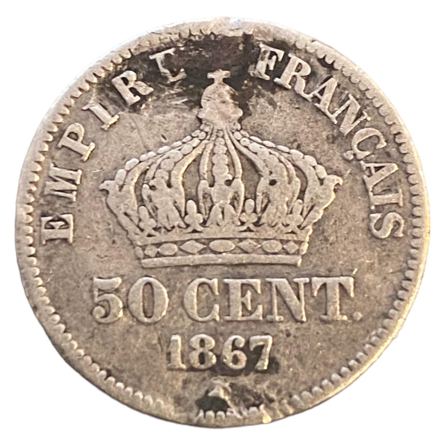 50 centimes Napoléon III, tête laurée 1867 Paris